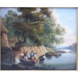 19thC oil on board of figures in rowing boat, in gilt frame