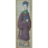 A 19th/20thC Chinese watercolour of a lady on rice paper or silk, 19 x 6cm