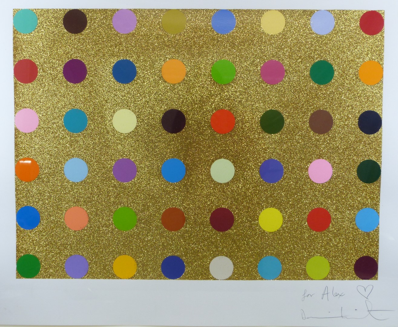 Damien Hirst (British b1965) signed limited edition 94/100 gold gift spot screenprint, dedication ' - Image 3 of 6