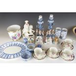 A group of ceramics including German figural candlesticks, Aynsley tea ware, Chinese puzzle vase,