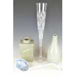 Asprey and Garrard oversized champagne flute, studio pottery vases and a 19thC blue and white ladle
