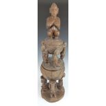 African tribal Yoruba carved figural ceremonial double vessel with male and female supports and