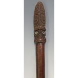 New Zealand Maori 19thC taiaha staff with carved Janus head, geometric detail, inset abalone or