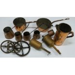 Two heavy copper pans, probably 19thC, graduated jugs, two clockwork roasting jacks and