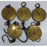 Five Salter spring balances with circular brass dials comprising No 20G 2lb, No 20M 40lb, class II