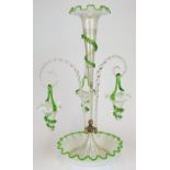 19thC Stourbridge or similar green glass epergne with hanging baskets and central trumpet, 57cm