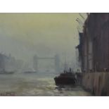 Marcus Holley Ford (1914-1989) oil on canvas Thames river scene with barges alongside a wharf and
