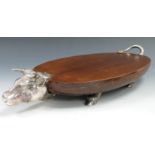 Novelty serving platter formed as a bull with silver plated head, feet and tail, length 47cm