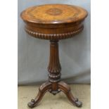 Victorian burr walnut and mahogany sewing table raised on fluted column and three scrolling feet,