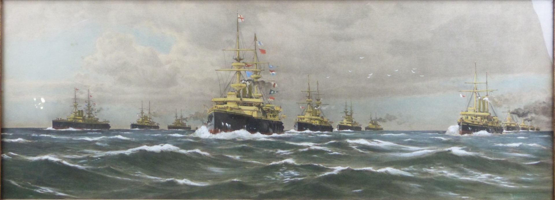 Early 20thC naval print, in period frame, overall size 49 x 105cm