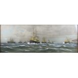 Early 20thC naval print, in period frame, overall size 49 x 105cm