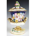 A 19thC Crown Derby porcelain covered pedestal pot pourri with applied flower decoration, H13cm