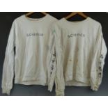 Two white Damien Hirst/ Science sweatshirts with Hirst spot design to sleeves and logos front and
