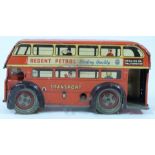 Brimtoy clockwork tinplate London double decker bus with 'Transport', 'Regent Petrol' and '