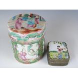 A 19th/20thC Canton Chinese covered canister / caddy and a make up box with mirror, H9, diameter 8cm