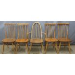 Ercol set of five light elm dining chairs including one carver