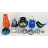 Twelve pieces of coloured glassware including Isle of Wight and Wedgwood glass paperweights, Royal