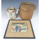 Chinese Canton ware teapot in basket and a Japanese print