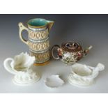 Wedgwood majolica motto jug, H19cm, two Royal Worcester figural sweetmeat dishes, Berlin pickle dish