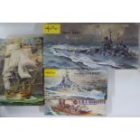 Four plastic model ship kits Heller Jean Bart, Royal Louis and Colbert and Airfix 1:1600 scale HMS