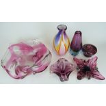 Six pieces of Murano and similar cranberry glassware including vases, bowls, Sommerso style vase