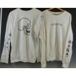 Two white Damien Hirst/ Science sweatshirts with Hirst spot design to sleeves and logos front and