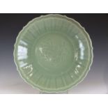 Chinese Longquan Ming dynasty Celadon glazed charger / large dish with incised lotus flower and