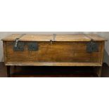 An 18thC elm coffer with wrought iron hinges, W142cm x D60 x H56cm