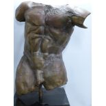 C Techoue contemporary patinated bronze male torso on square base, signed to lower left, height of