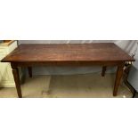 A stained pine / fruit wood plank top dining table with two drawers, W201 x D91 x H78cm