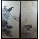 A pair of early Chinese pictures on silk of crows and a fox, 108 x 48cm