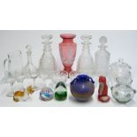 Twenty-two pieces of clear and coloured glassware including Mary Gregory vase, decanters, Langham