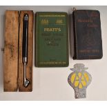 1914 Pratt's road atlas, 1912 Michelin guide, Dunlop 40 tyre pressure gauge and a Rhodesia AA badge