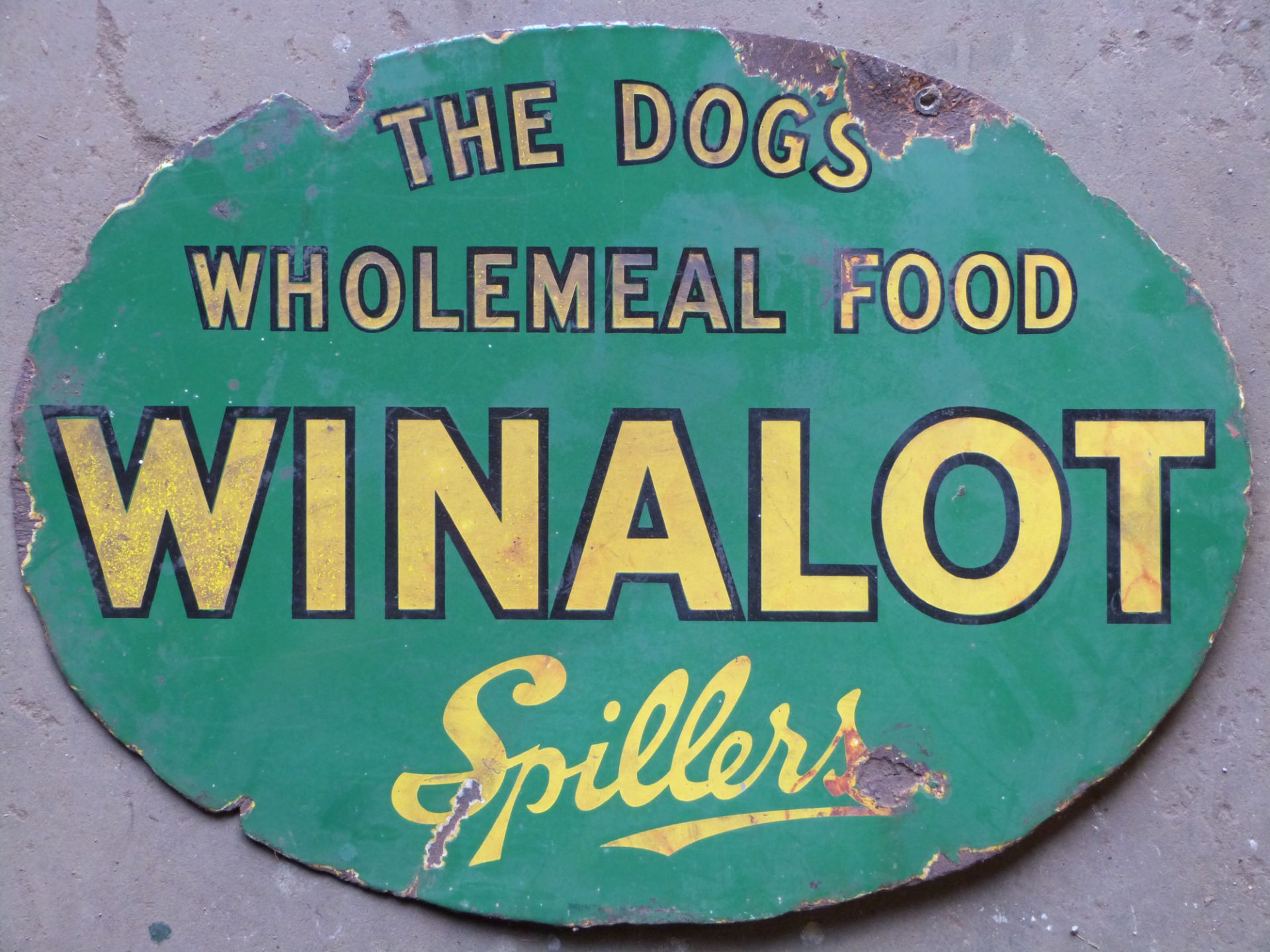 Vintage enamel advertising sign 'Winalot - the dog's wholemeal food' verso 'Spiller Shapes for all - Image 2 of 2