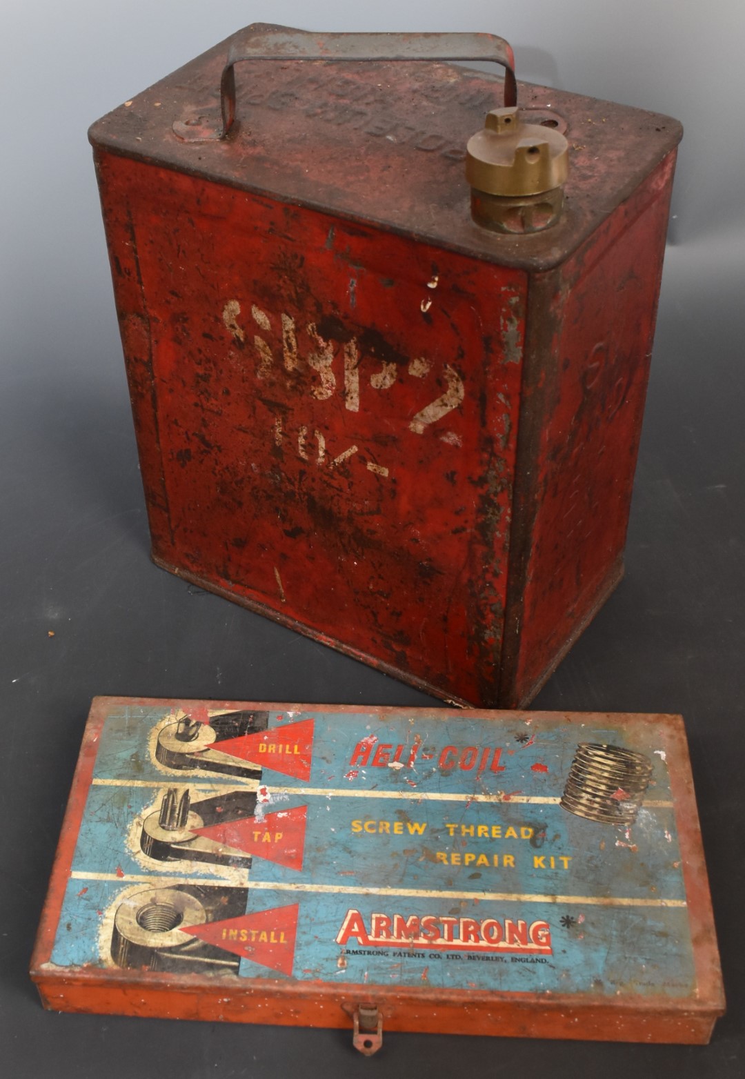 Shell Mex and BP Ltd vintage 2 gallon petrol can, together with a vintage Armstrong BSF Heli-coil