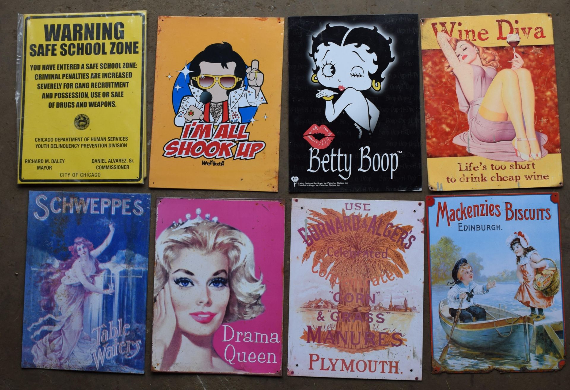 Eight metal advertising signs to include Betty Boop, biscuits, school, Schweppes etc, each