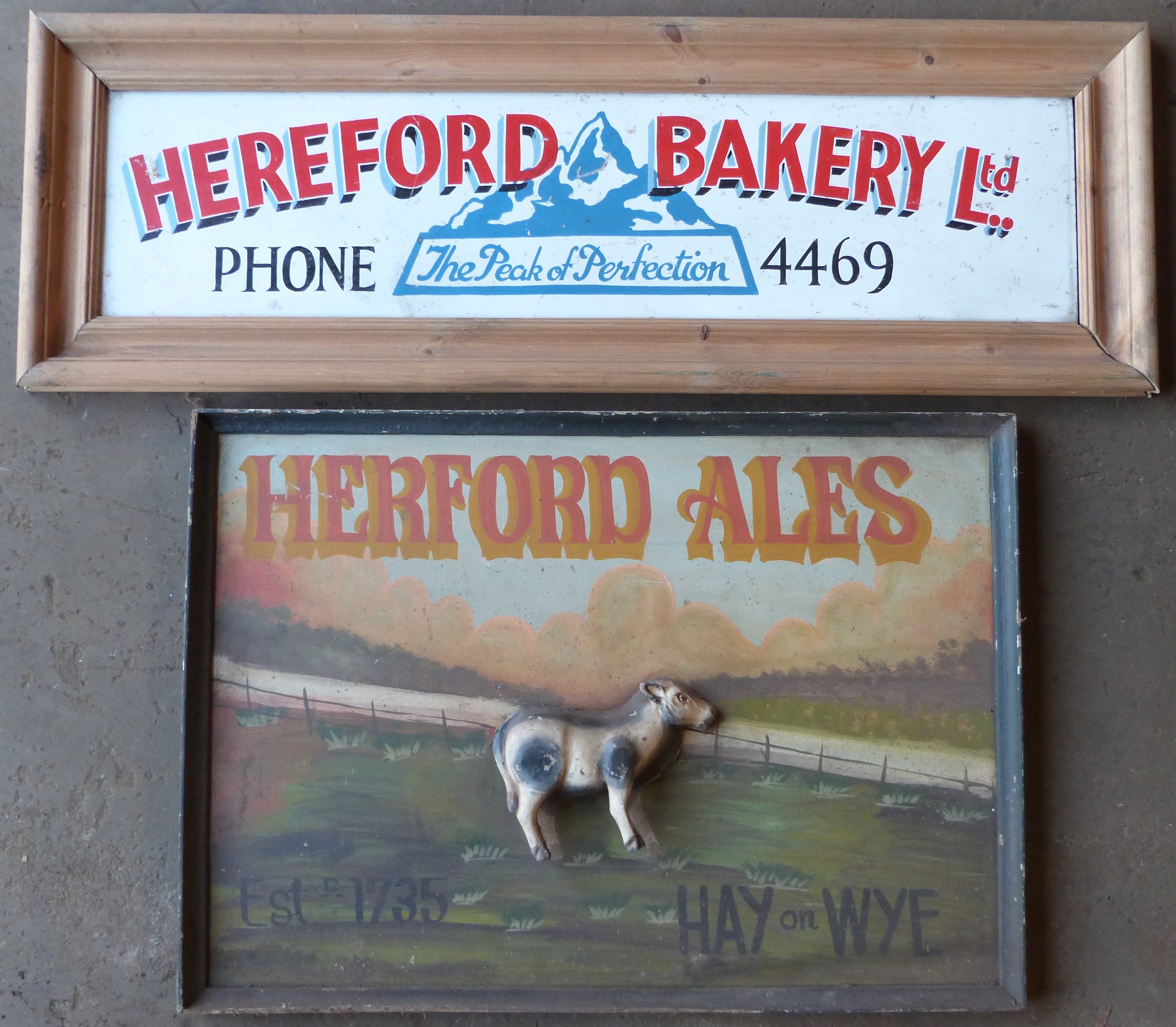 Two Hereford interest signs comprising Herford Ales & Hereford Bakery, largest 53 x 75cm PLEASE NOTE