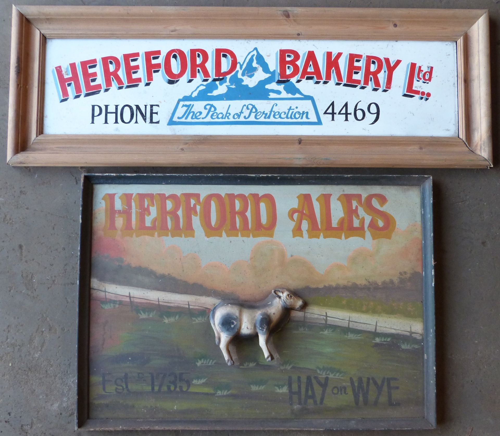 Two Hereford interest signs comprising Herford Ales & Hereford Bakery, largest 53 x 75cm PLEASE NOTE