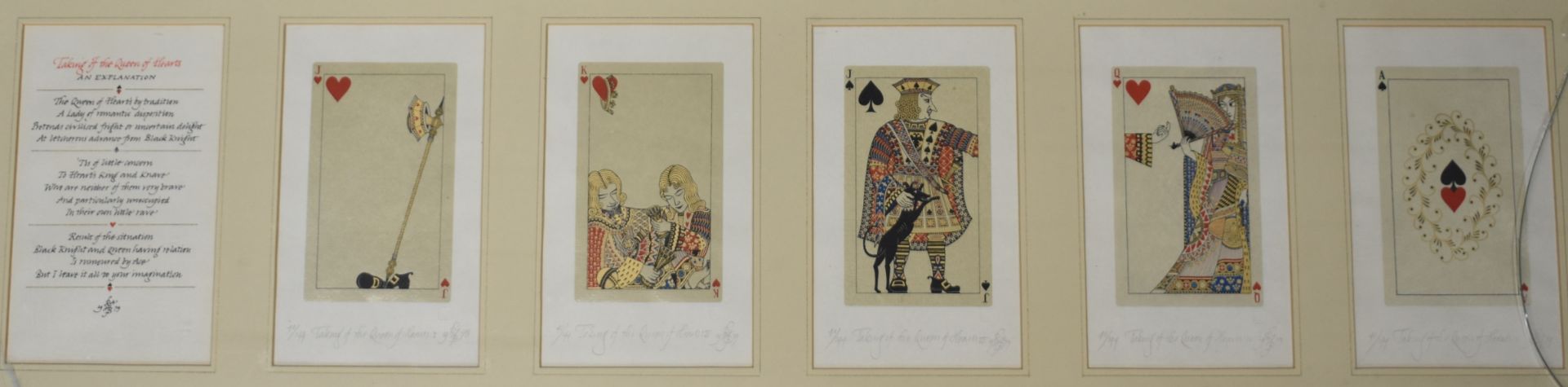 Framed signed limited edition prints "Taking of the Queen of Hearts", each 40/144, with playing card