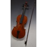 20thC violin, unlabelled with 36cm two piece flame back, bow and Parisian eye to frog, in original