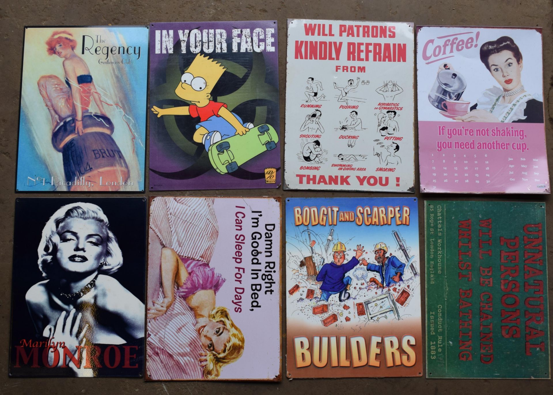 Eight novelty/ humorous metal advertising signs, each approximately 40 x 30cm PLEASE NOTE this lot