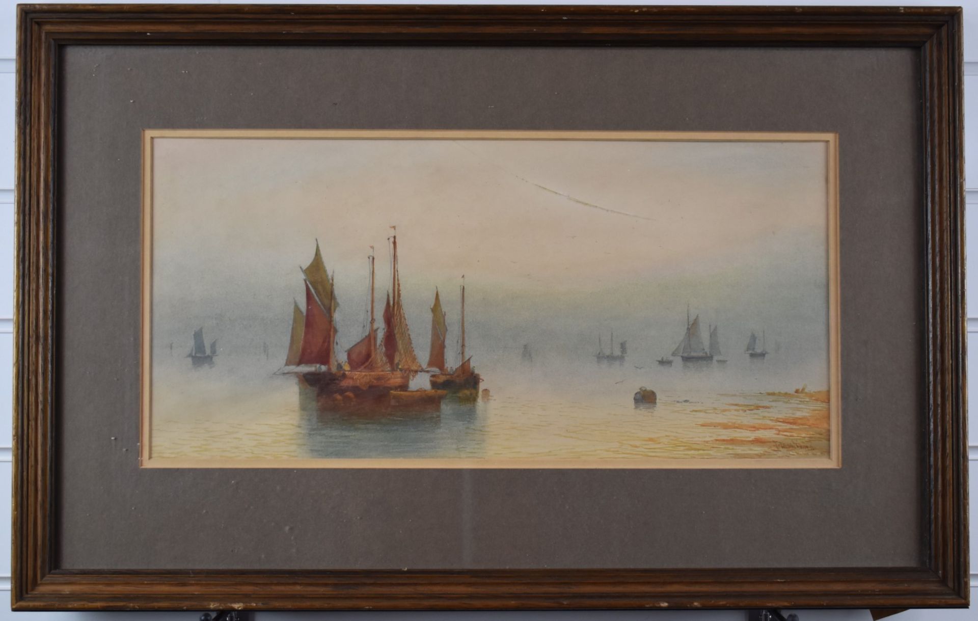 T. Montimen maritime watercolour sailing ships in a calm sea, signed lower left, 21 x 51cm, in oak - Image 2 of 4