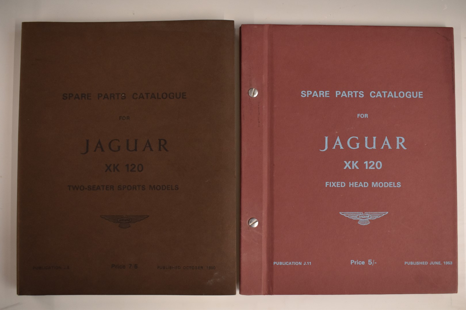 Jaguar XK 120 spare parts catalogue and a catalogue for the fixed head models, both Jaguar