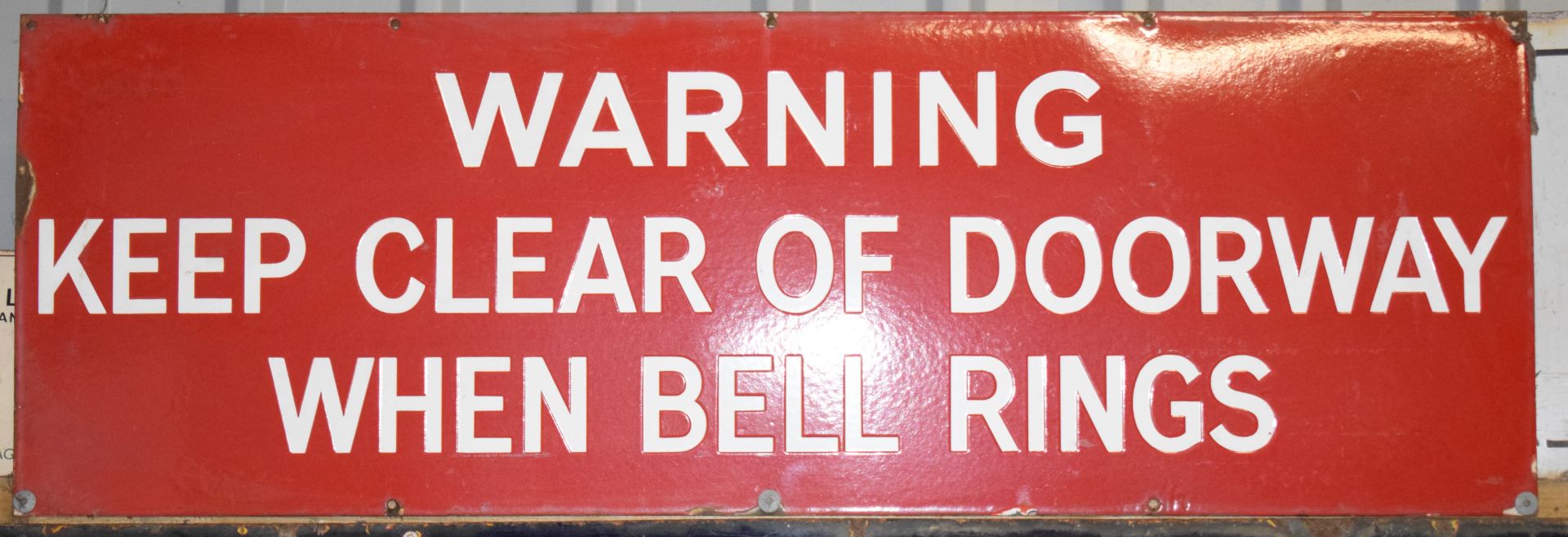 Vintage enamel doorway warning sign, 40.5 x 122cm PLEASE NOTE this lot is located at and will be