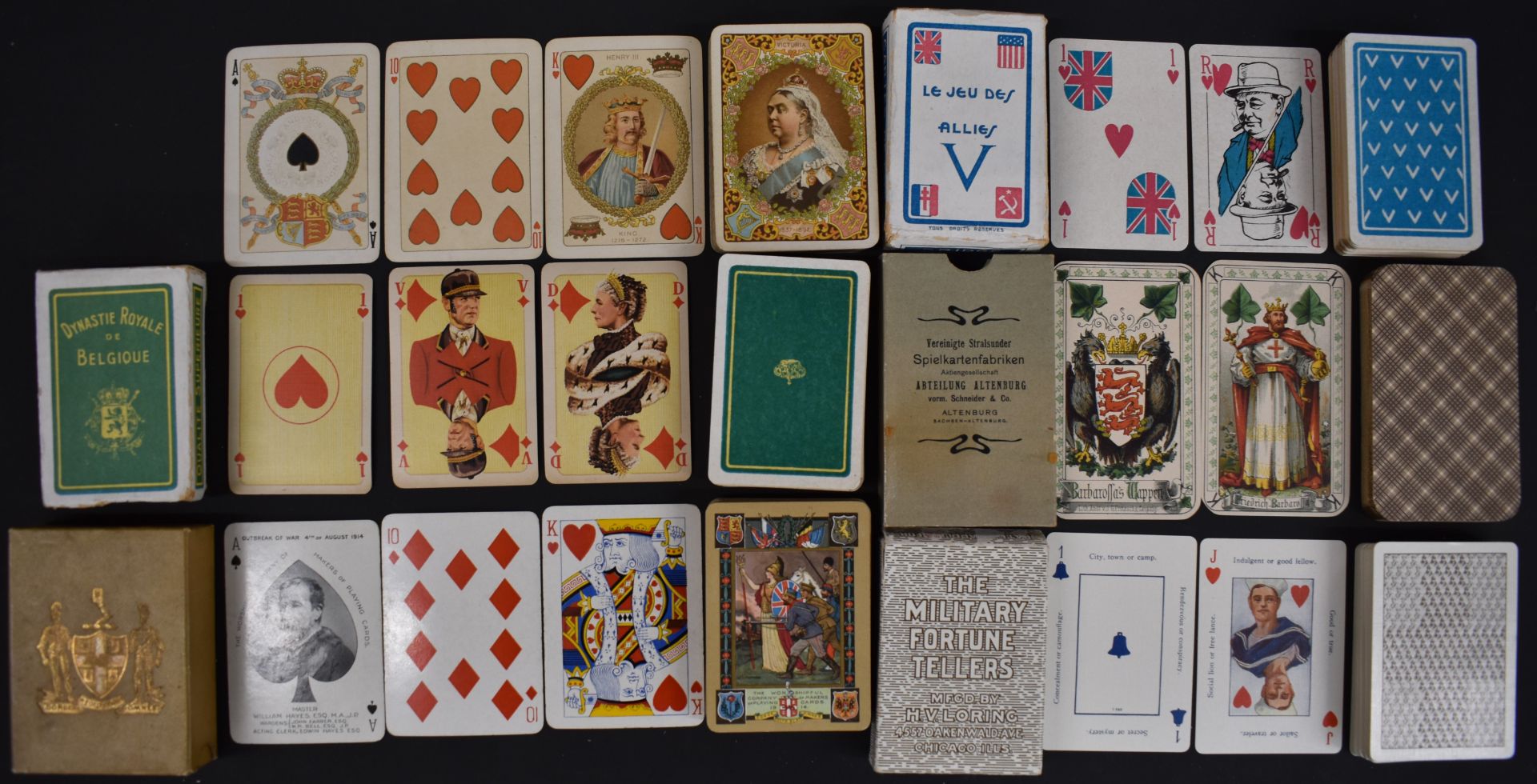 Six packs of WW1 and other commemorative packs of playing cards to include, Loring military