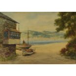 J Mortimer (British, early 20thC) watercolour of a cottage, boats and estuary beyond, probably Devon