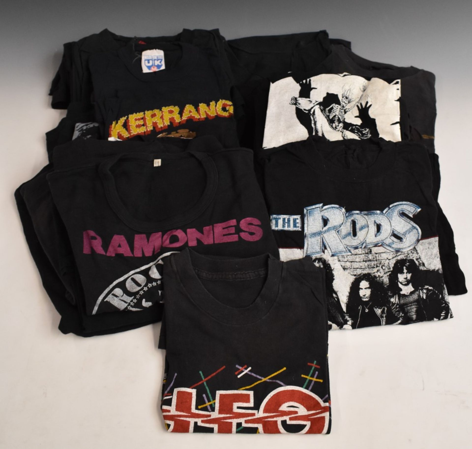Twenty band T-shirts, to include Iron Maiden, Crobar, The Rods, Ramones, UK Subs and Stiff Records