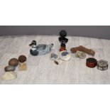 A classical bust on socle, mineral samples including desert rose two part geode, inlaid and
