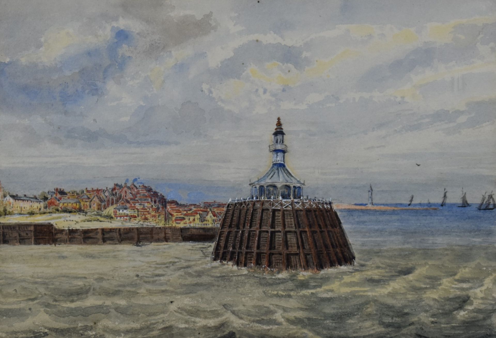 19thC watercolour maritime scene, Lowestoft from the Pier 1866, with label verso, 17 x 25cm, in gilt