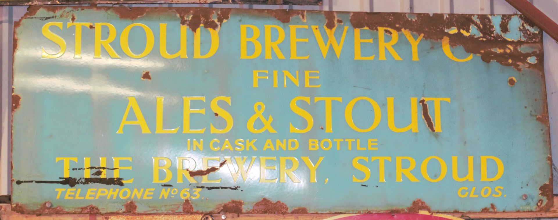 Vintage enamel advertising sign 'Stroud Brewery & Co Fine Ales & Stout', 78 x 198cm